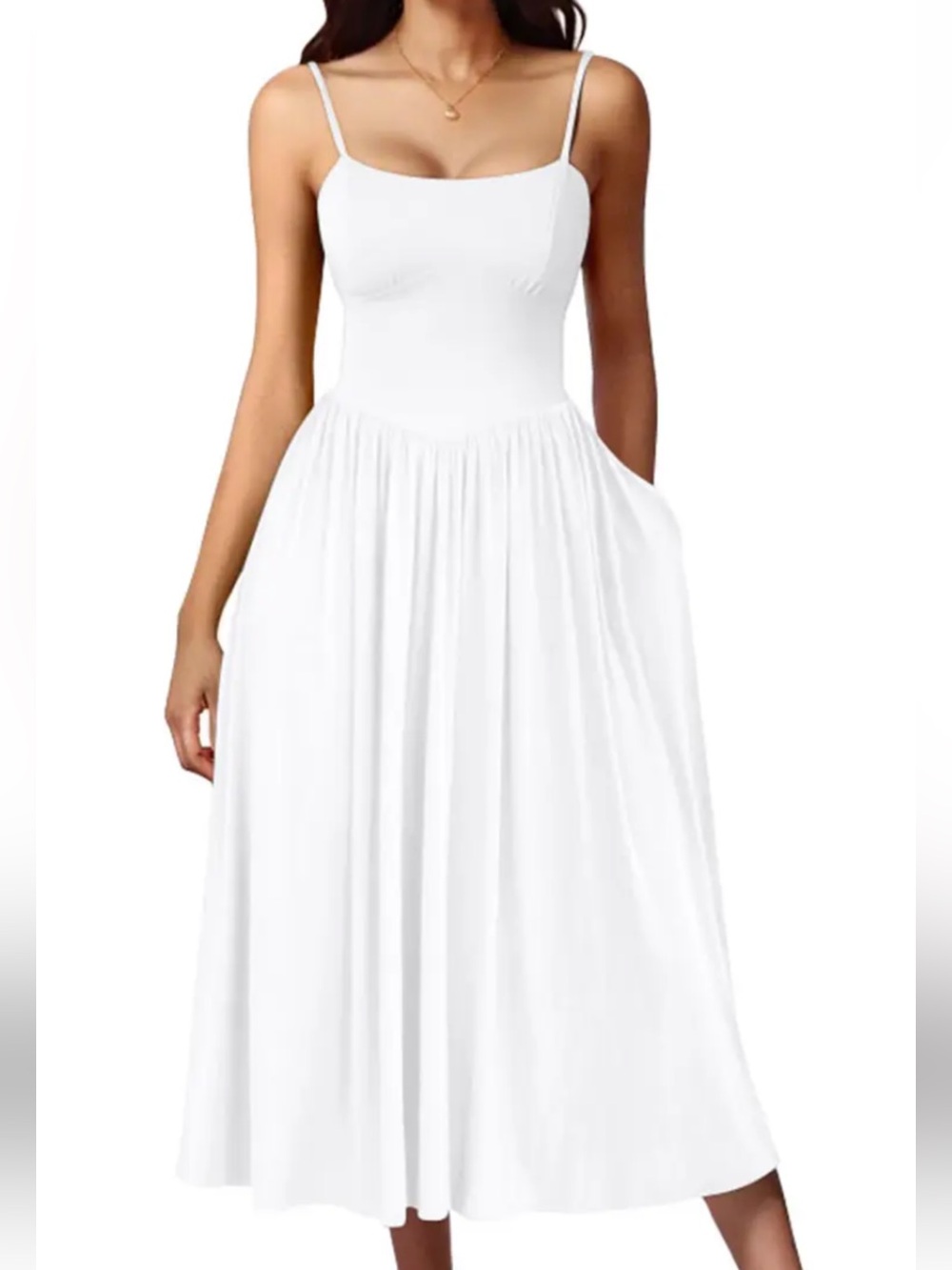 OYS Midi Dress Sleeveless Square Neck A-Line Flowy Back Tie Pockets White S NWT